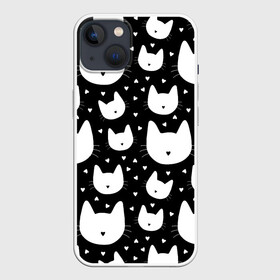 Чехол для iPhone 13 с принтом Love Cats Pattern в Кировске,  |  | Тематика изображения на принте: белый | кот | котенок | котэ | котя | котята | кошка | любовь | мимими | паттерн | сердечки | сердце | силуэт | черный | я люблю кошек