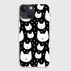 Чехол для iPhone 13 mini с принтом Love Cats Pattern в Кировске,  |  | белый | кот | котенок | котэ | котя | котята | кошка | любовь | мимими | паттерн | сердечки | сердце | силуэт | черный | я люблю кошек