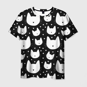 Мужская футболка 3D с принтом Love Cats Pattern в Кировске, 100% полиэфир | прямой крой, круглый вырез горловины, длина до линии бедер | Тематика изображения на принте: белый | кот | котенок | котэ | котя | котята | кошка | любовь | мимими | паттерн | сердечки | сердце | силуэт | черный | я люблю кошек
