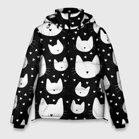 Мужская зимняя куртка 3D с принтом Love Cats Pattern в Кировске, верх — 100% полиэстер; подкладка — 100% полиэстер; утеплитель — 100% полиэстер | длина ниже бедра, свободный силуэт Оверсайз. Есть воротник-стойка, отстегивающийся капюшон и ветрозащитная планка. 

Боковые карманы с листочкой на кнопках и внутренний карман на молнии. | белый | кот | котенок | котэ | котя | котята | кошка | любовь | мимими | паттерн | сердечки | сердце | силуэт | черный | я люблю кошек