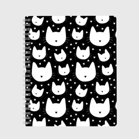 Тетрадь с принтом Love Cats Pattern в Кировске, 100% бумага | 48 листов, плотность листов — 60 г/м2, плотность картонной обложки — 250 г/м2. Листы скреплены сбоку удобной пружинной спиралью. Уголки страниц и обложки скругленные. Цвет линий — светло-серый
 | белый | кот | котенок | котэ | котя | котята | кошка | любовь | мимими | паттерн | сердечки | сердце | силуэт | черный | я люблю кошек