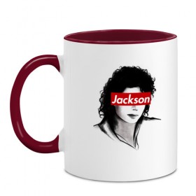 Кружка двухцветная с принтом Michael Jackson в Кировске, керамика | объем — 330 мл, диаметр — 80 мм. Цветная ручка и кайма сверху, в некоторых цветах — вся внутренняя часть | Тематика изображения на принте: jackson | michael | джексон | майкл