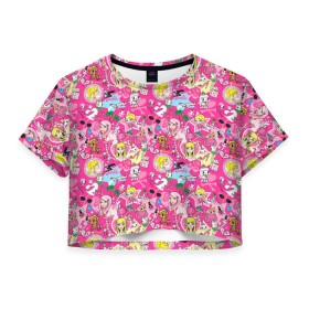 Женская футболка Cropp-top с принтом Barbie and Tokidoki в Кировске, 100% полиэстер | круглая горловина, длина футболки до линии талии, рукава с отворотами | Тематика изображения на принте: adios | barbie | brilliant | cat | dog | doll | girl | heart | heels | japan | palm | pony | tokidoki | адьос | барби | девушка | иногда | кот | кошка | кукла | пес | пони | собака | япония