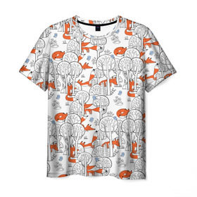 Мужская футболка 3D с принтом Лисички в зимнем лесу в Кировске, 100% полиэфир | прямой крой, круглый вырез горловины, длина до линии бедер | Тематика изображения на принте: 