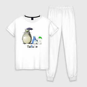 Женская пижама хлопок с принтом Totoro в Кировске, 100% хлопок | брюки и футболка прямого кроя, без карманов, на брюках мягкая резинка на поясе и по низу штанин | anime | totoro | анимэ | тоторо | черные чернушки