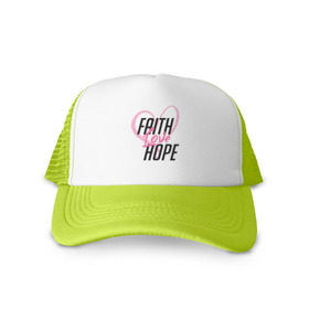 Кепка тракер с сеткой с принтом Faith Love Hope в Кировске, трикотажное полотно; задняя часть — сетка | длинный козырек, универсальный размер, пластиковая застежка | 