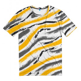 Мужская футболка 3D с принтом Серый-желтый в Кировске, 100% полиэфир | прямой крой, круглый вырез горловины, длина до линии бедер | Тематика изображения на принте: абстракция | желтый | линии | полосы | серый | цвет