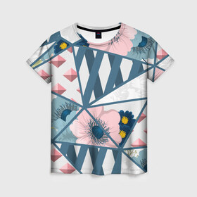 Женская футболка 3D с принтом Геометрия цветов в Кировске, 100% полиэфир ( синтетическое хлопкоподобное полотно) | прямой крой, круглый вырез горловины, длина до линии бедер | Тематика изображения на принте: геометрия | полосы | роза | розовый | синий | цветы