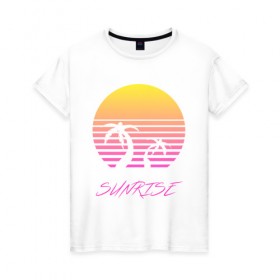Женская футболка хлопок с принтом Retro sunrise в Кировске, 100% хлопок | прямой крой, круглый вырез горловины, длина до линии бедер, слегка спущенное плечо | retro | sunrise | пальмы | розовый | солнце