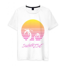 Мужская футболка хлопок с принтом Retro sunrise в Кировске, 100% хлопок | прямой крой, круглый вырез горловины, длина до линии бедер, слегка спущенное плечо. | retro | sunrise | пальмы | розовый | солнце