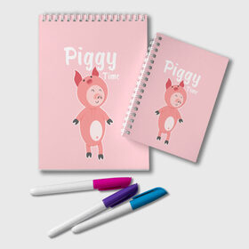 Блокнот с принтом Piggy Time в Кировске, 100% бумага | 48 листов, плотность листов — 60 г/м2, плотность картонной обложки — 250 г/м2. Листы скреплены удобной пружинной спиралью. Цвет линий — светло-серый
 | Тематика изображения на принте: 2019 | merry christmas | new year | год свиньи | зима | новый год | поросенок | праздник | рождество | свинка | свинья