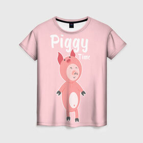 Женская футболка 3D с принтом Piggy Time в Кировске, 100% полиэфир ( синтетическое хлопкоподобное полотно) | прямой крой, круглый вырез горловины, длина до линии бедер | 2019 | merry christmas | new year | год свиньи | зима | новый год | поросенок | праздник | рождество | свинка | свинья