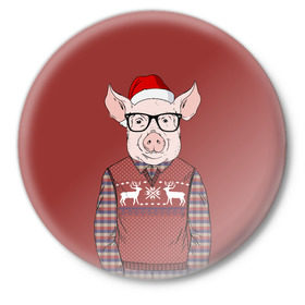 Значок с принтом New Year Pig в Кировске,  металл | круглая форма, металлическая застежка в виде булавки | 2019 | merry christmas | new year | год свиньи | зима | новый год | поросенок | праздник | рождество | свинка | свинья