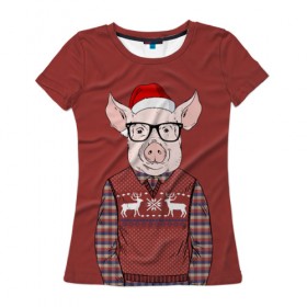Женская футболка 3D с принтом New Year Pig в Кировске, 100% полиэфир ( синтетическое хлопкоподобное полотно) | прямой крой, круглый вырез горловины, длина до линии бедер | 2019 | merry christmas | new year | год свиньи | зима | новый год | поросенок | праздник | рождество | свинка | свинья