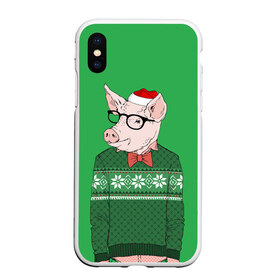 Чехол для iPhone XS Max матовый с принтом New Year Hipster Pig в Кировске, Силикон | Область печати: задняя сторона чехла, без боковых панелей | 2019 | merry christmas | new year | год свиньи | зима | новый год | поросенок | праздник | рождество | свинка | свинья