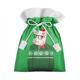 Подарочный 3D мешок с принтом New Year Hipster Pig в Кировске, 100% полиэстер | Размер: 29*39 см | 2019 | merry christmas | new year | год свиньи | зима | новый год | поросенок | праздник | рождество | свинка | свинья