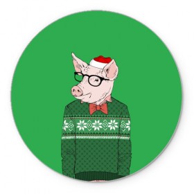 Коврик круглый с принтом New Year Hipster Pig в Кировске, резина и полиэстер | круглая форма, изображение наносится на всю лицевую часть | 2019 | merry christmas | new year | год свиньи | зима | новый год | поросенок | праздник | рождество | свинка | свинья