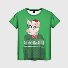 Женская футболка 3D с принтом New Year Hipster Pig в Кировске, 100% полиэфир ( синтетическое хлопкоподобное полотно) | прямой крой, круглый вырез горловины, длина до линии бедер | 2019 | merry christmas | new year | год свиньи | зима | новый год | поросенок | праздник | рождество | свинка | свинья