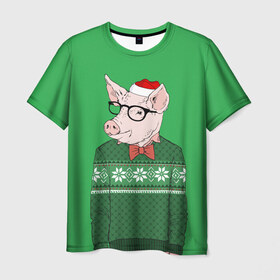 Мужская футболка 3D с принтом New Year Hipster Pig в Кировске, 100% полиэфир | прямой крой, круглый вырез горловины, длина до линии бедер | Тематика изображения на принте: 2019 | merry christmas | new year | год свиньи | зима | новый год | поросенок | праздник | рождество | свинка | свинья