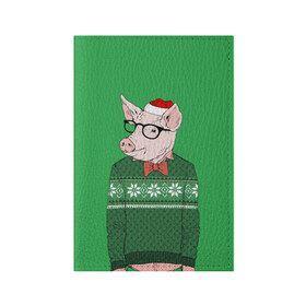 Обложка для паспорта матовая кожа с принтом New Year Hipster Pig в Кировске, натуральная матовая кожа | размер 19,3 х 13,7 см; прозрачные пластиковые крепления | 2019 | merry christmas | new year | год свиньи | зима | новый год | поросенок | праздник | рождество | свинка | свинья