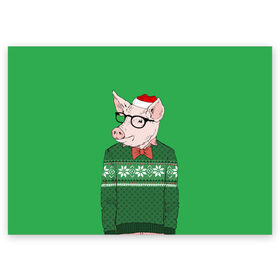 Поздравительная открытка с принтом New Year Hipster Pig в Кировске, 100% бумага | плотность бумаги 280 г/м2, матовая, на обратной стороне линовка и место для марки
 | 2019 | merry christmas | new year | год свиньи | зима | новый год | поросенок | праздник | рождество | свинка | свинья