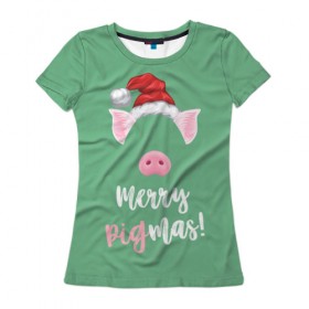Женская футболка 3D с принтом Merry Pigmas в Кировске, 100% полиэфир ( синтетическое хлопкоподобное полотно) | прямой крой, круглый вырез горловины, длина до линии бедер | 2019 | merry christmas | new year | год свиньи | зима | новый год | поросенок | праздник | рождество | свинка | свинья