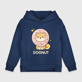 Детское худи Oversize хлопок с принтом DOgNUT в Кировске, френч-терри — 70% хлопок, 30% полиэстер. Мягкий теплый начес внутри —100% хлопок | боковые карманы, эластичные манжеты и нижняя кромка, капюшон на магнитной кнопке | Тематика изображения на принте: акита | детский | лапочка | милый | мимими | пес | пончик | собака | хаски | щенок