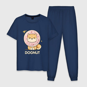 Мужская пижама хлопок с принтом DOgNUT в Кировске, 100% хлопок | брюки и футболка прямого кроя, без карманов, на брюках мягкая резинка на поясе и по низу штанин
 | акита | детский | лапочка | милый | мимими | пес | пончик | собака | хаски | щенок