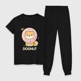 Женская пижама хлопок с принтом DOgNUT в Кировске, 100% хлопок | брюки и футболка прямого кроя, без карманов, на брюках мягкая резинка на поясе и по низу штанин | акита | детский | лапочка | милый | мимими | пес | пончик | собака | хаски | щенок