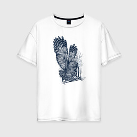 Женская футболка хлопок Oversize с принтом Сова в Кировске, 100% хлопок | свободный крой, круглый ворот, спущенный рукав, длина до линии бедер
 | животное | луна | минимализм | ночь | охотник | перья | птица | сова | филин | хищник