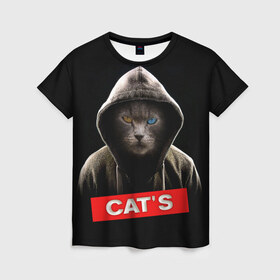 Женская футболка 3D с принтом Кот в Кировске, 100% полиэфир ( синтетическое хлопкоподобное полотно) | прямой крой, круглый вырез горловины, длина до линии бедер | cat | глаза | животные | капюшон | кот | котенок | кошка | природа | хулиган