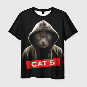Мужская футболка 3D с принтом Кот в Кировске, 100% полиэфир | прямой крой, круглый вырез горловины, длина до линии бедер | Тематика изображения на принте: cat | глаза | животные | капюшон | кот | котенок | кошка | природа | хулиган