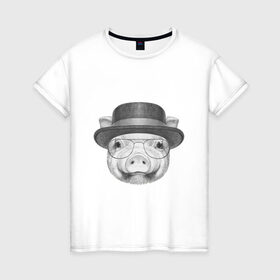 Женская футболка хлопок с принтом Свинка в шляпке в Кировске, 100% хлопок | прямой крой, круглый вырез горловины, длина до линии бедер, слегка спущенное плечо | breaking bad | во все тяжкие | свинка | свинья | уолтер уайт