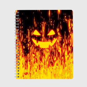 Тетрадь с принтом FIRE PUMPKIN в Кировске, 100% бумага | 48 листов, плотность листов — 60 г/м2, плотность картонной обложки — 250 г/м2. Листы скреплены сбоку удобной пружинной спиралью. Уголки страниц и обложки скругленные. Цвет линий — светло-серый
 | fire | halloween | искры | огонь | праздник | тыква | хэллоуин