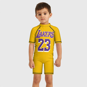 Детский купальный костюм 3D с принтом James 18-19 LA Lakers home в Кировске, Полиэстер 85%, Спандекс 15% | застежка на молнии на спине | Тематика изображения на принте: angeles | james | lakers | lebron | los | nba | usa | анджелес | джеймс | леброн | лейкерс | лос | нба | сша