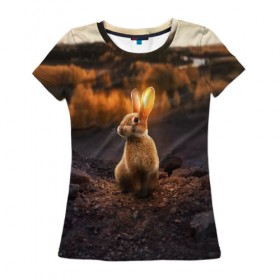 Женская футболка 3D с принтом Солнечный зайчик в Кировске, 100% полиэфир ( синтетическое хлопкоподобное полотно) | прямой крой, круглый вырез горловины, длина до линии бедер | заяц | кролик | лес | пейзаж | поле | природа | пушистый | солнце | уши