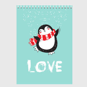 Скетчбук с принтом Пингвин LOVE в Кировске, 100% бумага
 | 48 листов, плотность листов — 100 г/м2, плотность картонной обложки — 250 г/м2. Листы скреплены сверху удобной пружинной спиралью | linux | детская | зима | зимняя | лёд | новый год | пингвин | пингвин в снегу | пингвин в шарфе | пингвин любовь | пингвинчик | пингвины | северный полюс | снег | холод