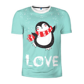Мужская футболка 3D спортивная с принтом Пингвин LOVE в Кировске, 100% полиэстер с улучшенными характеристиками | приталенный силуэт, круглая горловина, широкие плечи, сужается к линии бедра | linux | детская | зима | зимняя | лёд | новый год | пингвин | пингвин в снегу | пингвин в шарфе | пингвин любовь | пингвинчик | пингвины | северный полюс | снег | холод