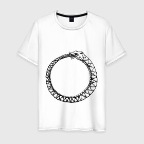Мужская футболка хлопок с принтом Уроборос в Кировске, 100% хлопок | прямой крой, круглый вырез горловины, длина до линии бедер, слегка спущенное плечо. | алхимия | бесконечность | вечность | дракон | змей | мифология | символ | уроборос | эпос
