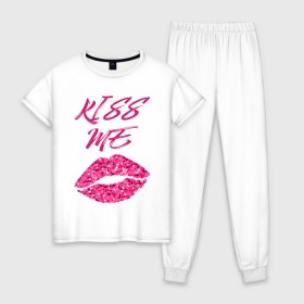 Женская пижама хлопок с принтом Kiss me в Кировске, 100% хлопок | брюки и футболка прямого кроя, без карманов, на брюках мягкая резинка на поясе и по низу штанин | блеск | губы | поцелуй | розовый