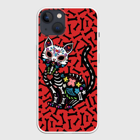 Чехол для iPhone 13 с принтом Мексиканская Сахарная Кошка в Кировске,  |  | cat | cats | mexican | skull | sugar | кости | косточки | кот | котик | котики | коты | котята | кошечка | кошечки | кошка | кошки | мексиканский | милота | сахарный | сердечки | сердечко | цветочки | цветы | череп | черепа