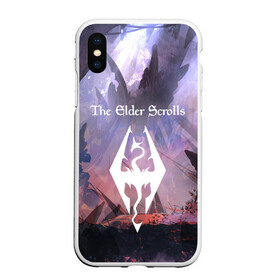 Чехол для iPhone XS Max матовый с принтом THE ELDER SCROLLS в Кировске, Силикон | Область печати: задняя сторона чехла, без боковых панелей | art game | art skyrim | forest | game | skyrim | the elder scrolls v skyrim | горы | довакин | древние свитки | игра | лес | небо | скайрим