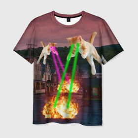 Мужская футболка 3D с принтом Кошачья Атака! в Кировске, 100% полиэфир | прямой крой, круглый вырез горловины, длина до линии бедер | attack | bomb | cat | lazer | meme | neon | party | вечеринка | взрыв | коты | кошак | кошка | лазер | мем | неон | огонь