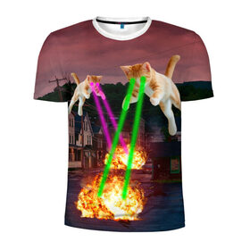 Мужская футболка 3D спортивная с принтом Кошачья Атака! в Кировске, 100% полиэстер с улучшенными характеристиками | приталенный силуэт, круглая горловина, широкие плечи, сужается к линии бедра | attack | bomb | cat | lazer | meme | neon | party | вечеринка | взрыв | коты | кошак | кошка | лазер | мем | неон | огонь