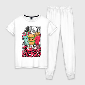 Женская пижама хлопок с принтом Angry Food в Кировске, 100% хлопок | брюки и футболка прямого кроя, без карманов, на брюках мягкая резинка на поясе и по низу штанин | бургер | газировка | граффити | еда | картошка | крест | рок | череп