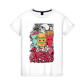 Женская футболка хлопок с принтом Angry Food в Кировске, 100% хлопок | прямой крой, круглый вырез горловины, длина до линии бедер, слегка спущенное плечо | бургер | газировка | граффити | еда | картошка | крест | рок | череп