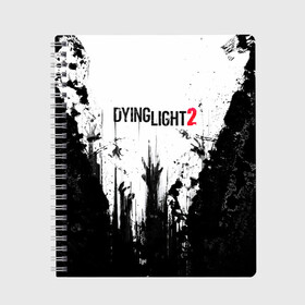 Тетрадь с принтом Dying Light 2 в Кировске, 100% бумага | 48 листов, плотность листов — 60 г/м2, плотность картонной обложки — 250 г/м2. Листы скреплены сбоку удобной пружинной спиралью. Уголки страниц и обложки скругленные. Цвет линий — светло-серый
 | Тематика изображения на принте: action | axe | dying | horror | light | open | rpg | survival | techland | world | zombie | zombies | выживание | даин | дайинг | зомби | игра | игры | лайт | мир | открытый | про | топор | топорик | ужасы | хоррор | экшн