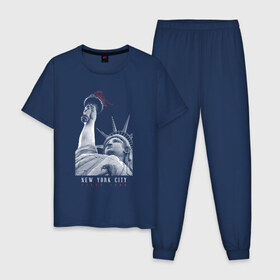 Мужская пижама хлопок с принтом Статуя свободы в Кировске, 100% хлопок | брюки и футболка прямого кроя, без карманов, на брюках мягкая резинка на поясе и по низу штанин
 | new york | америка | нью йорк | статуя свободы | сша