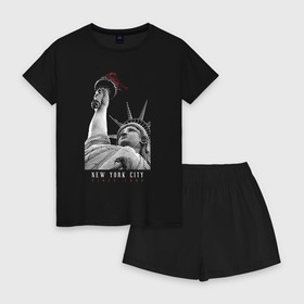 Женская пижама с шортиками хлопок с принтом Статуя свободы в Кировске, 100% хлопок | футболка прямого кроя, шорты свободные с широкой мягкой резинкой | Тематика изображения на принте: new york | америка | нью йорк | статуя свободы | сша