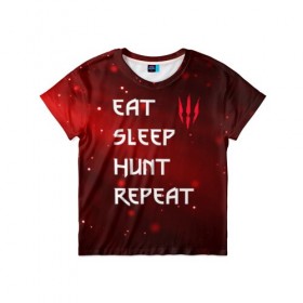 Детская футболка 3D с принтом Eat Sleep Hunt Repeat в Кировске, 100% гипоаллергенный полиэфир | прямой крой, круглый вырез горловины, длина до линии бедер, чуть спущенное плечо, ткань немного тянется | Тематика изображения на принте: 